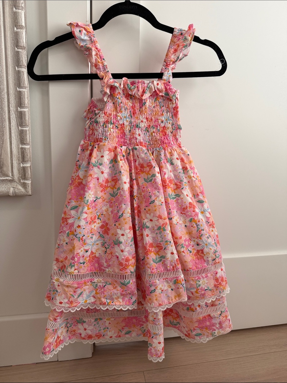 cheeky plum Pink Floral Smocked Sundress with Ruffles